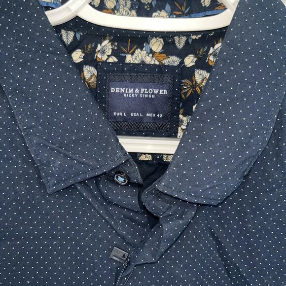NWT Denim & Flower Navy Blue White Dot Men's Size Large Button Up Long Sleeve - Picture 3 of 8